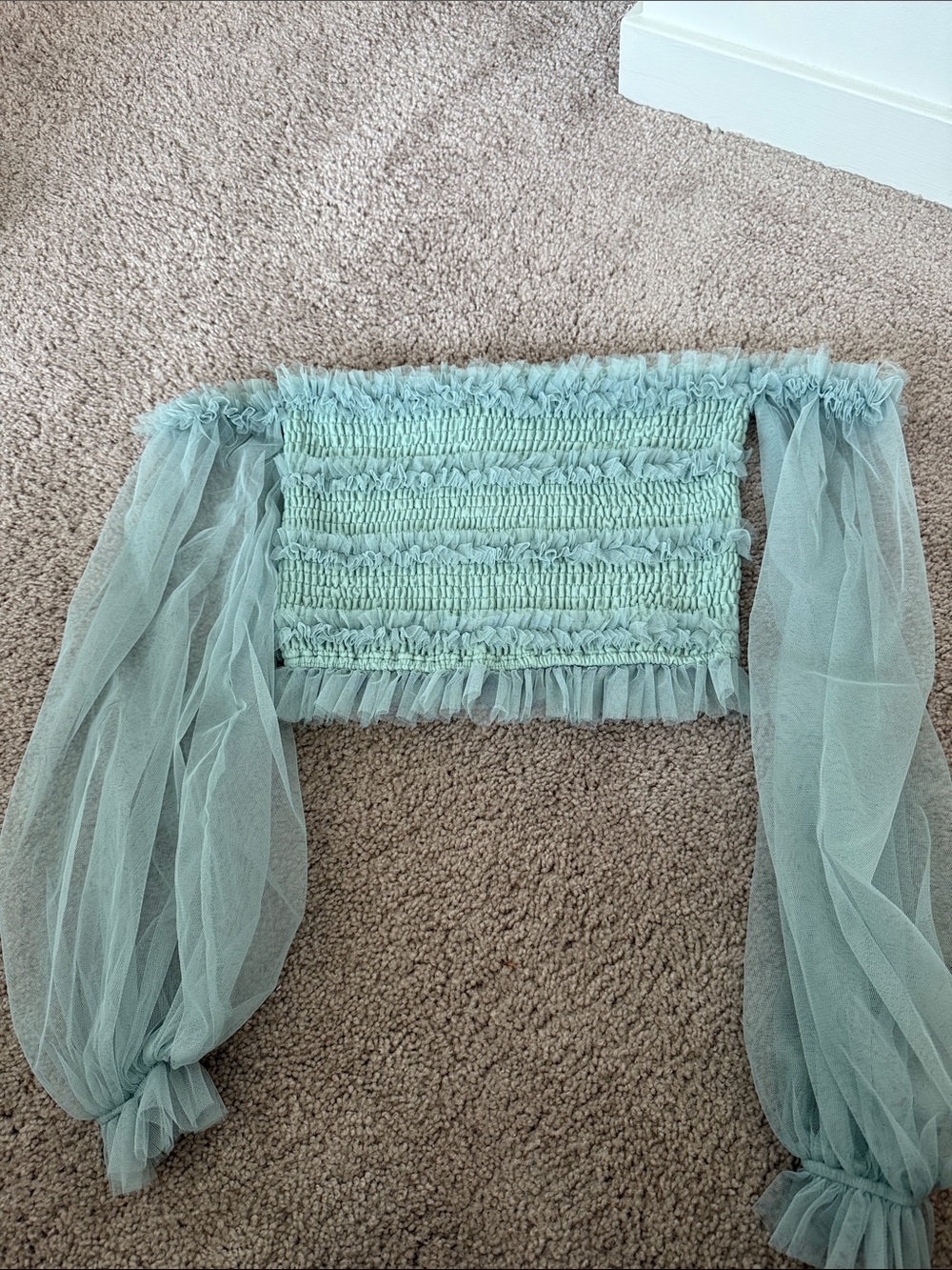 Off-Shoulder Smocked Mesh Top in Light Aqua Going Out Top